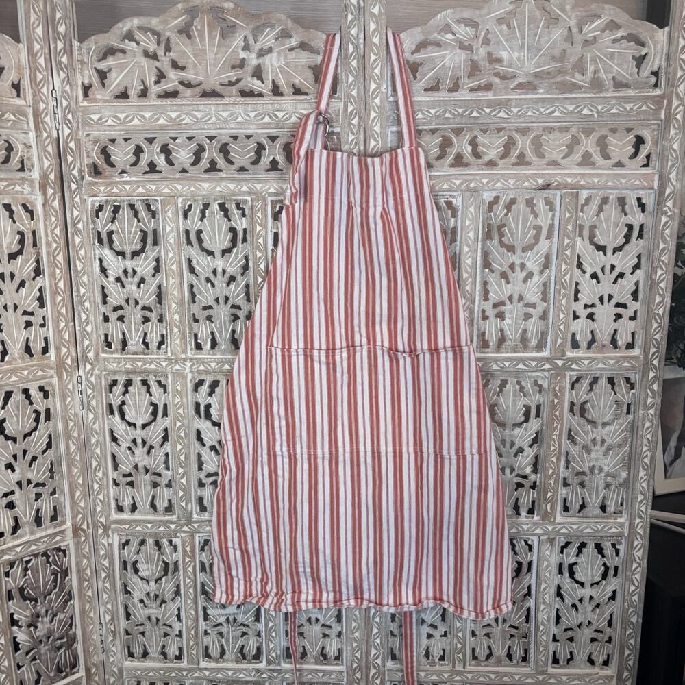 KAF Home 100% Cotton Washable Solid D-Ring Peach White Striped Apron USA Made